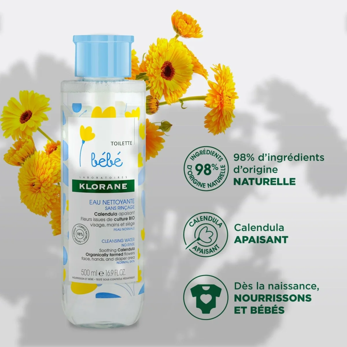 Klorane – Eau nettoyante sans rinçage au Calendula apaisant – Bébé – Peau normale 500 ml – Image 4
