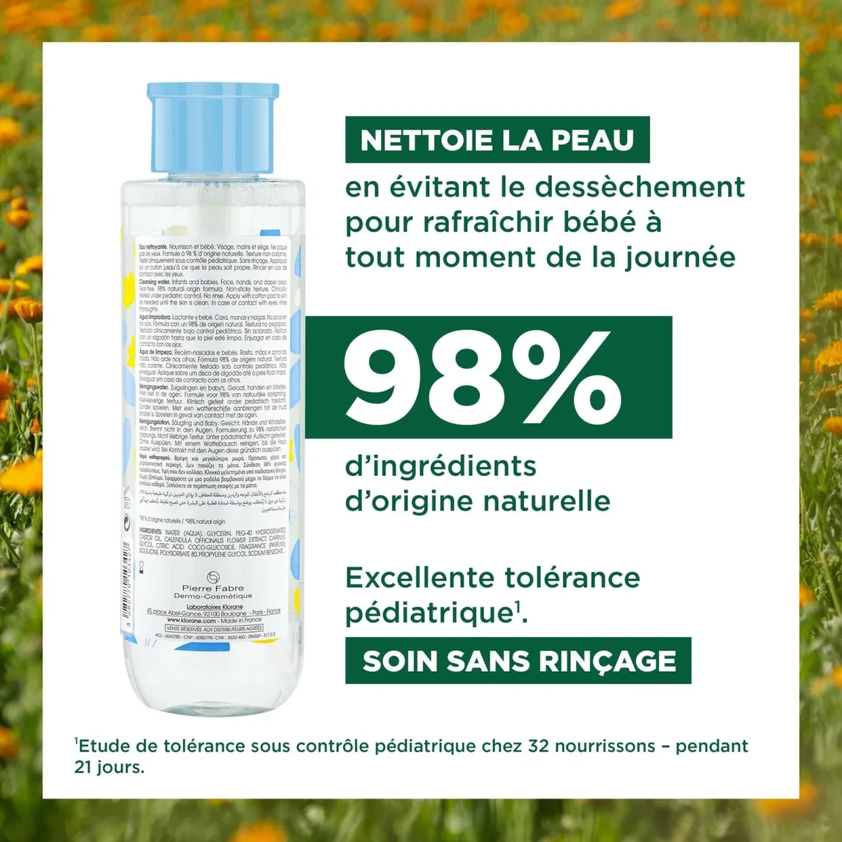 Klorane – Eau nettoyante sans rinçage au Calendula apaisant – Bébé – Peau normale 500 ml – Image 3