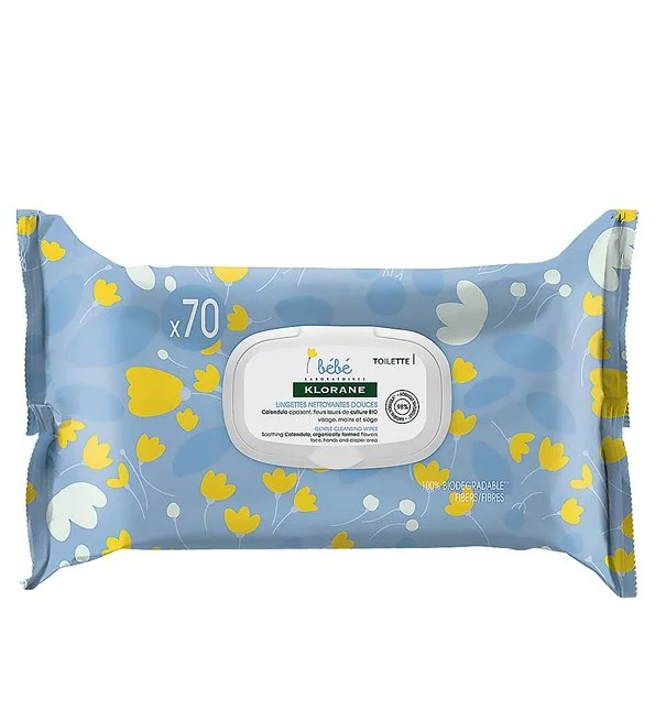 Klorane – Lingettes nettoyantes douces pour le corps au Calendula apaisant – Bébé – Peau normale à sèche 70 unités