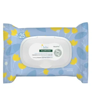 Klorane – Lingettes nettoyantes douces pour le corps au Calendula apaisant – Bébé – Peau normale à sèche 25 unités