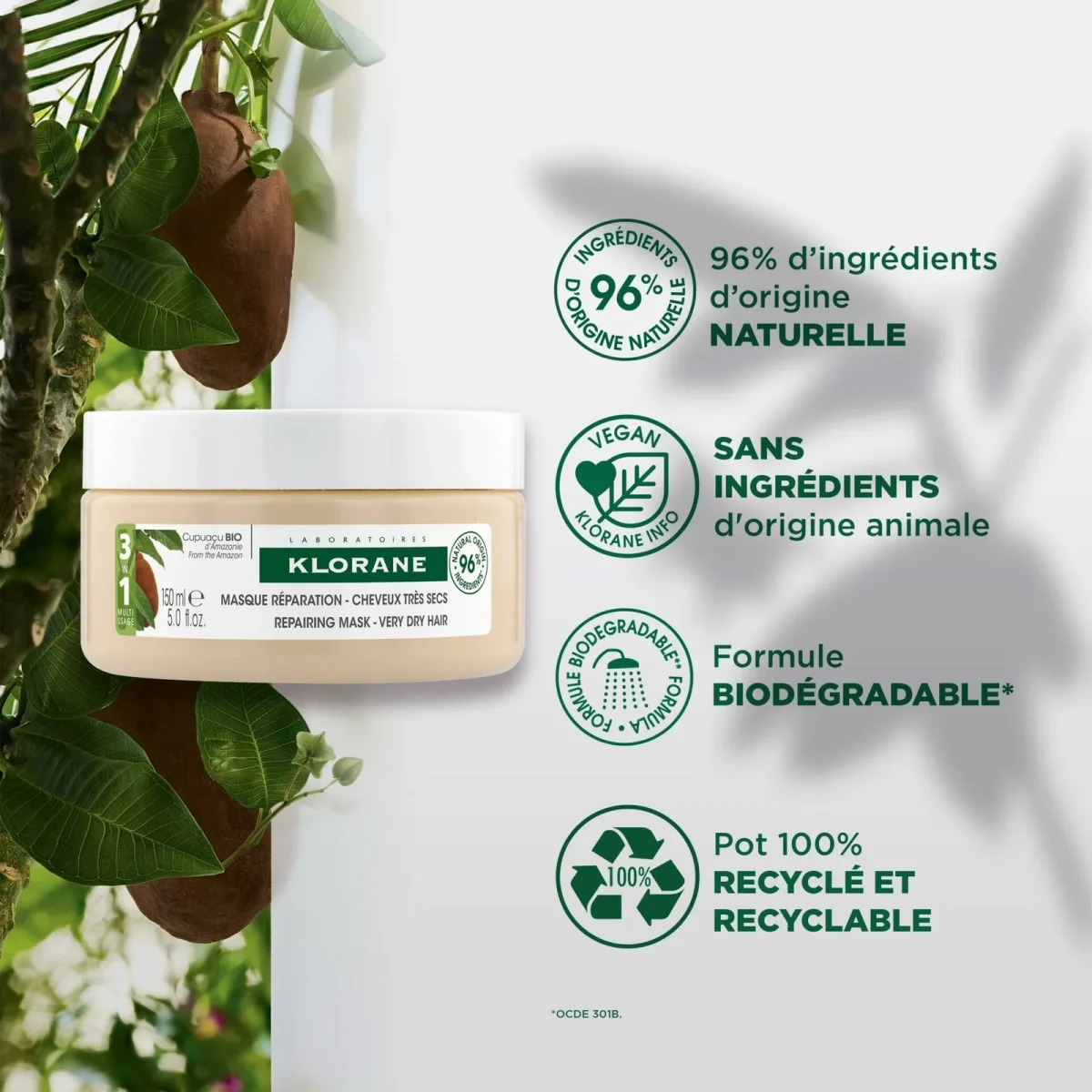 Klorane – Masque Réparation 3 en 1 au Cupuaçu BIO – Cheveux très secs 150 ml – Image 3