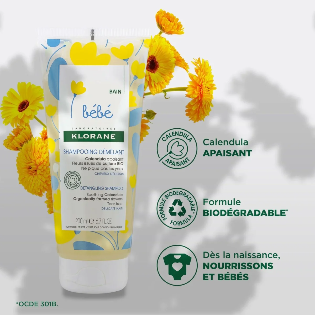 Klorane – Shampoing démêlant au Calendula apaisant – Bébé – Cheveux délicats 200 ml – Image 4