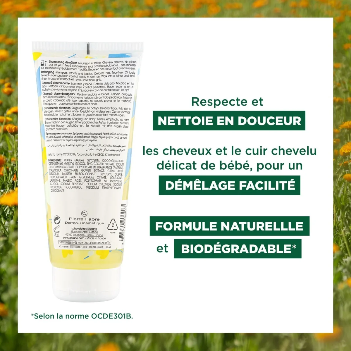 Klorane – Shampoing démêlant au Calendula apaisant – Bébé – Cheveux délicats 200 ml – Image 3
