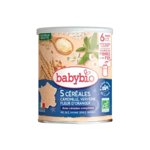 BABYBIO 5 CEREALES VERVEINE FLEUR D&rsquo;ORANGER CAMOMILLE 220G