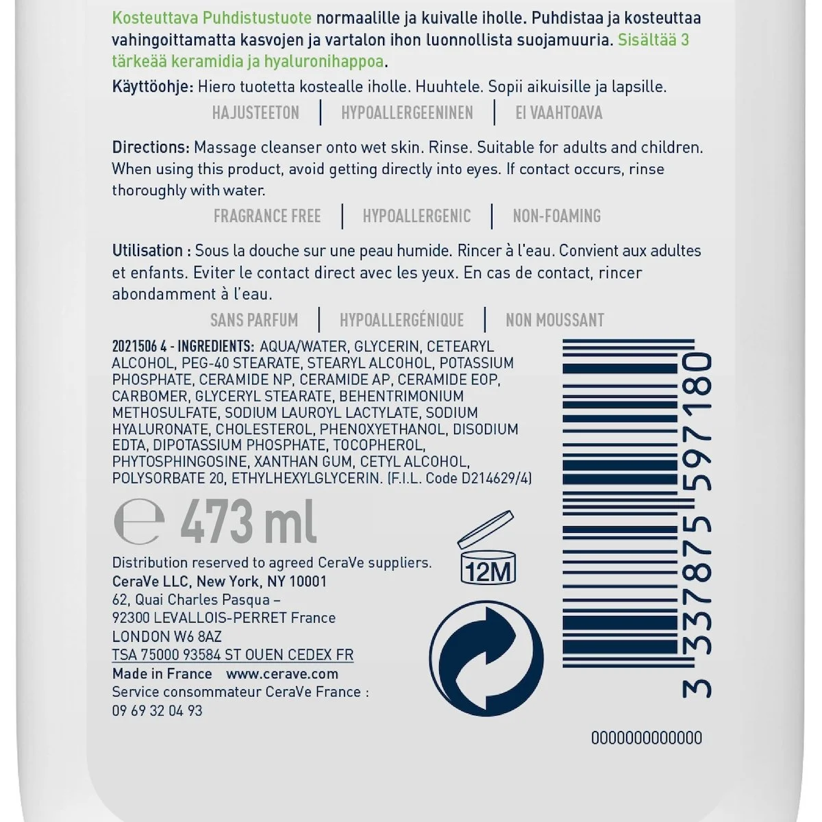 CeraVe Crème Lavante Hydratante Peau Normale à Sèche | 473ml – Image 4
