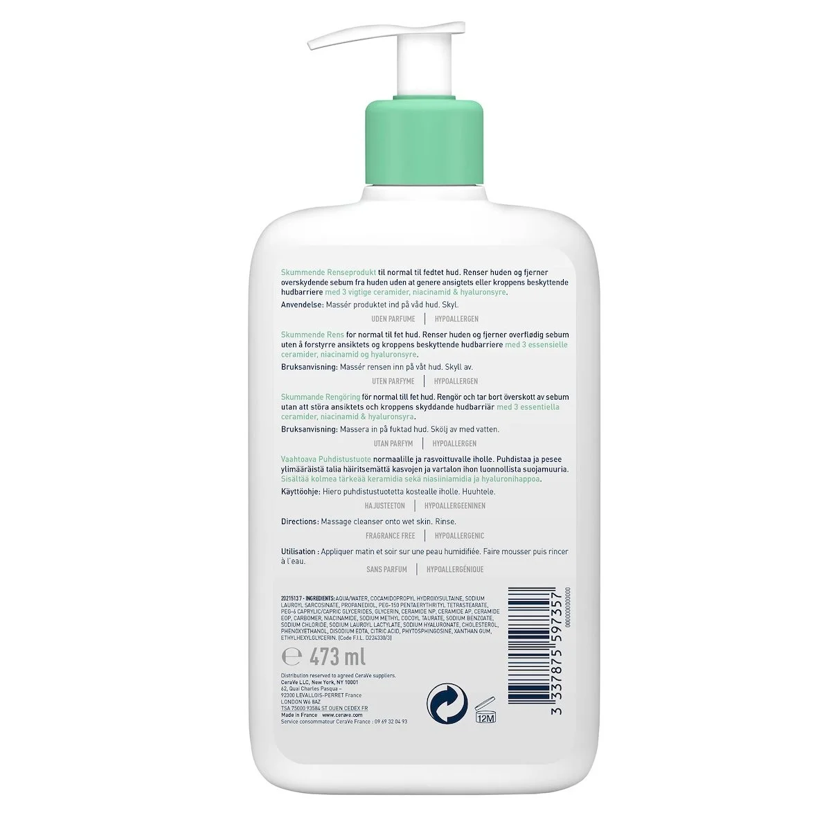 CeraVe Gel Moussant Nettoyant Peau Normale à Grasse | 473ml – Image 3