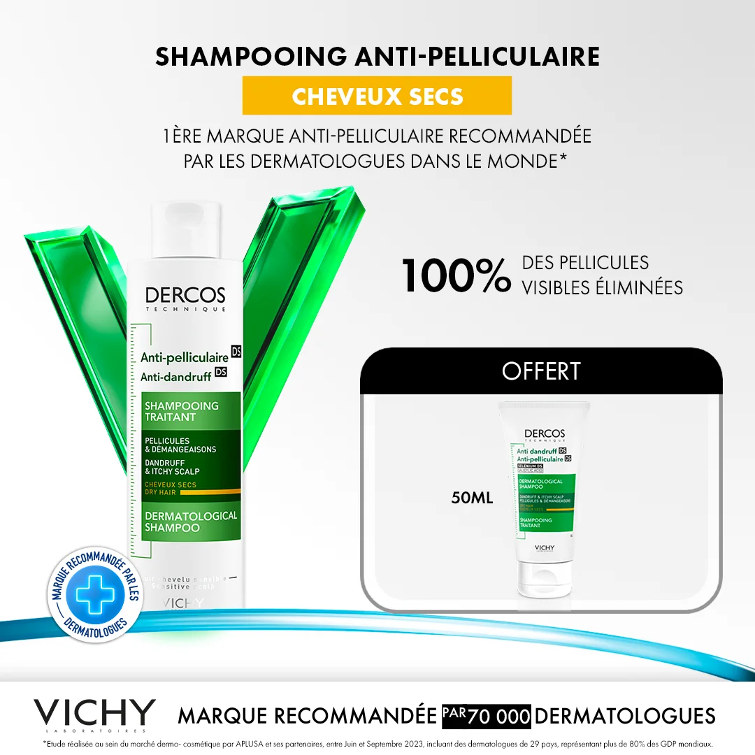 Vichy Dercos Shampoing Traitant Anti-Pelliculaire Cheveux Secs | 200ml = 1 Shampooing miniature Offert – Image 2