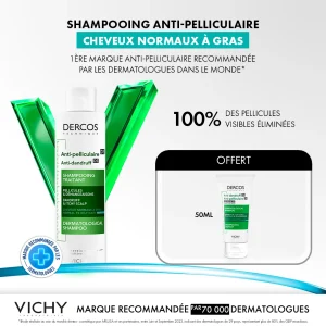Vichy Dercos Shampoing Traitant Anti-Pelliculaire Cheveux Gras | 200ml = 1 Shampooing miniature Offert