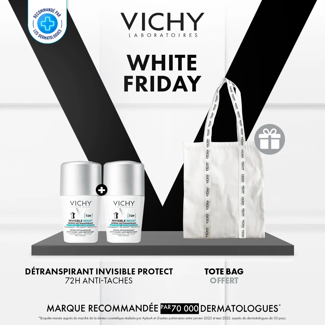 VICHY DÉODORANT DERMO-DÉTRANSPIRANT INVISIBLE PROTECT 72H ANTI-TACHES ANTI-IRRITATIONS LOT DE 2 = TOTE BAG Offert